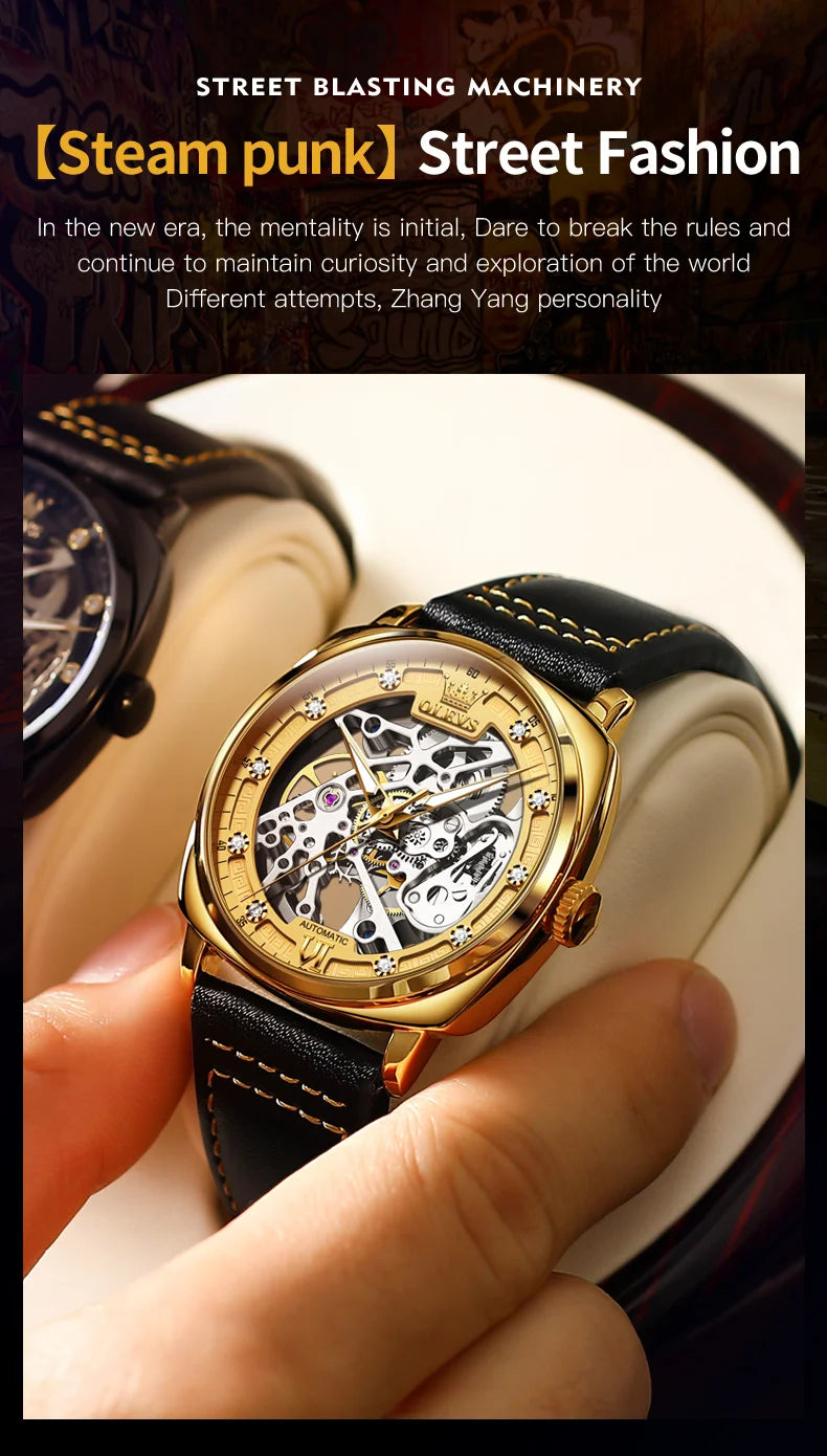 OLEVS 6651 Classic Automatic Mechanical Watch For Men Hollow Skeleton Luxury Leather Wrist Watches Waterproof Luminous Man Watch