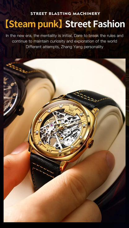 OLEVS 6651 Classic Automatic Mechanical Watch For Men Hollow Skeleton Luxury Leather Wrist Watches Waterproof Luminous Man Watch