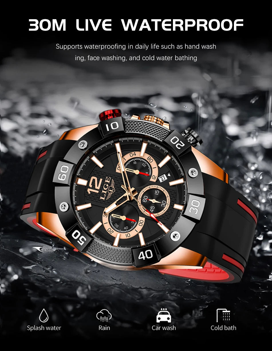 LIGE New Fashion  Man Watch Top Brand Luxury Clocks Casual Sports Silicone Strap Chronograph Waterproof Quartz Male Watches Date