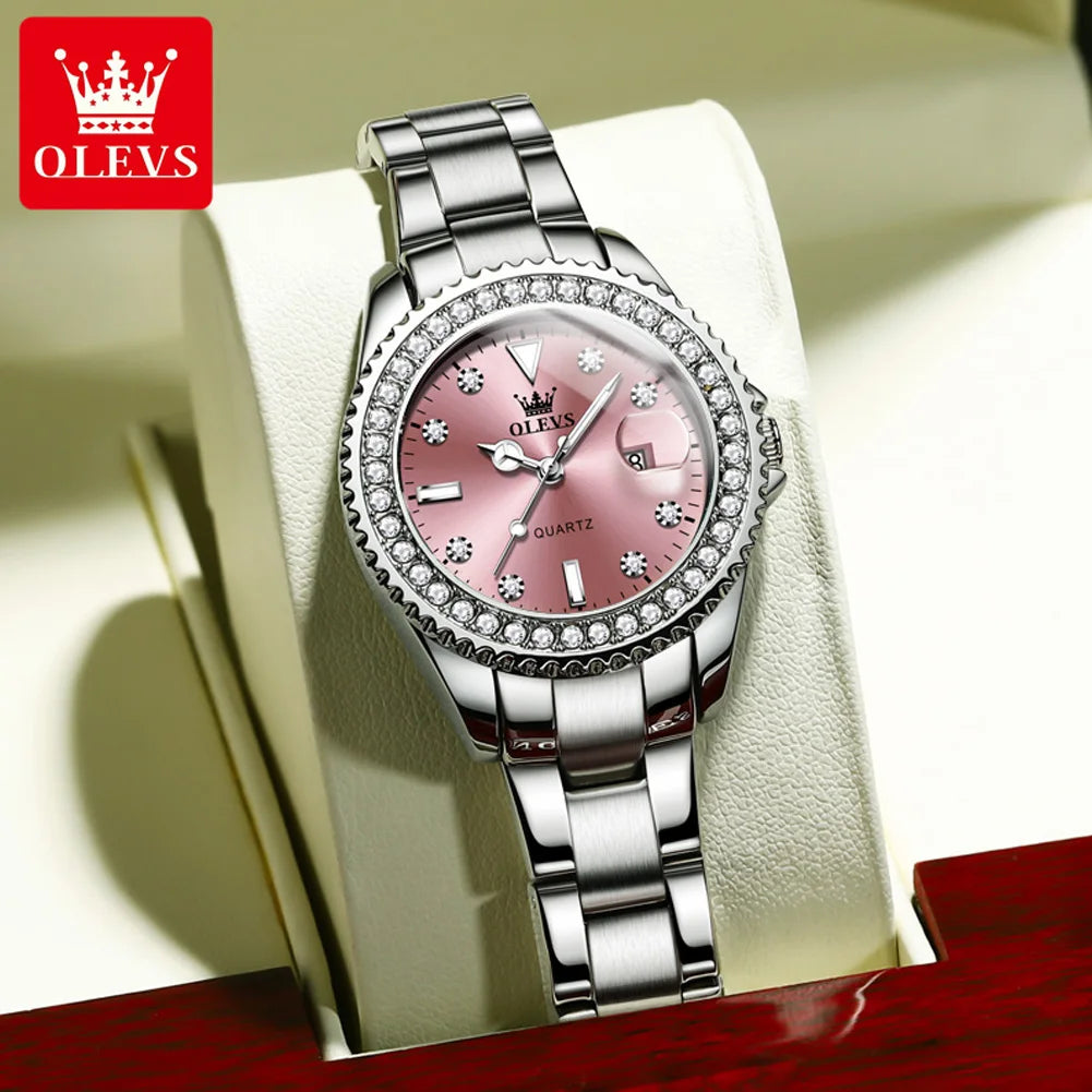 OLEVS Women's Watches Top Brand Original Quartz Ladies Watch Luxury Bezel Diamond Wristwatch Waterproof Enlarge Date Gift Set