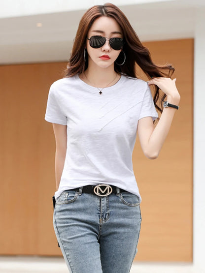 Summer Women Tee-Shirts Button Ribbed Cotton Top Loose Fashion T-shirts Women Streetwear Short Sleeve O-Neck Korean Tops