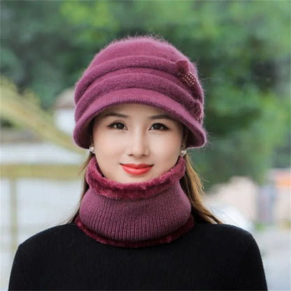 Women Winter Hat Keep Warm Cap Add Fur Lined CAPS And Scarf Set Warm For Female Casual Rabbit Fur Winter Knitted Bonnet