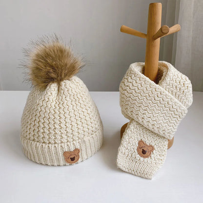 Autumn And Winter Children's Hats Scarves Two-piece Set Plush Insulation Knitted Hat Set Little Bear Wool Hat