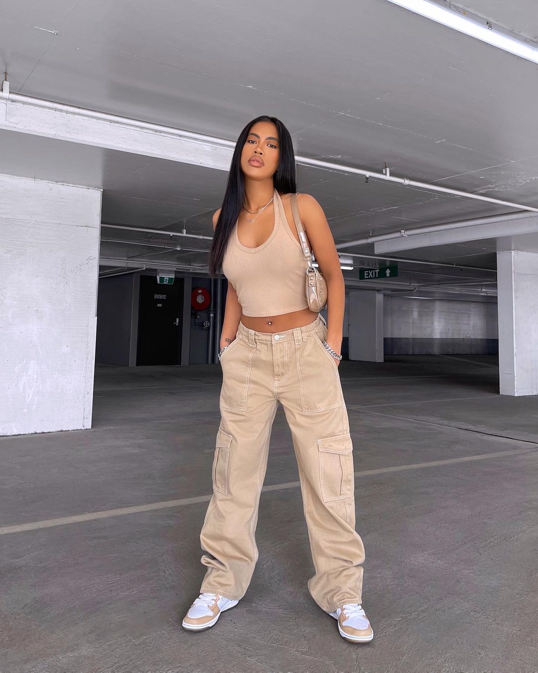 Women Solid Color Cargo Pants High Waist Straight-leg Buckle Jeans with Pockets Khaki Brown Baggy Casual Trousers