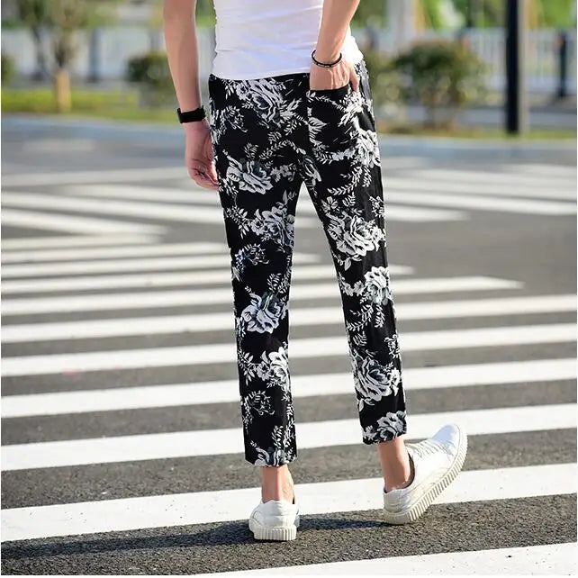 Summer New Cotton and Linen Pants Men's Printed Drawstring Ankle Length Pants Large Size S-6XL Male Slacks