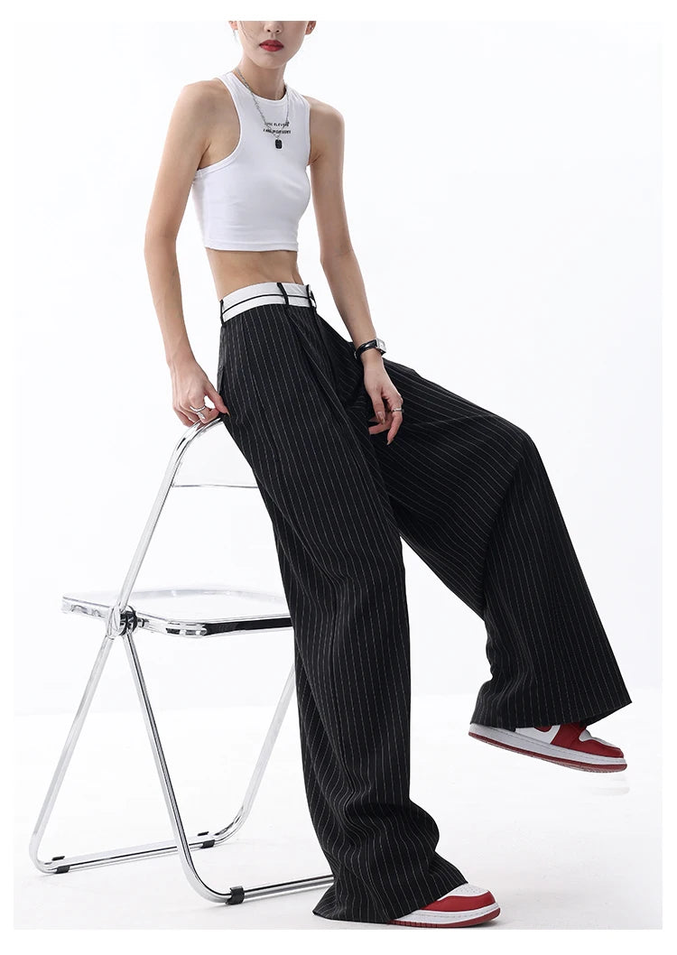 Korean Fashion Women Old Money Style Baggy Long Trousers Striped Vintage Irregular Design Loose Casual Pants 2000s Aesthetic New