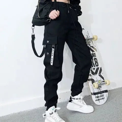 Y2K Black Cargo Pants for Women Hip Hop Big Pocket Joggers Sports Sweatpants Female Fashion Streetwear Casual Ankle Banded Pants