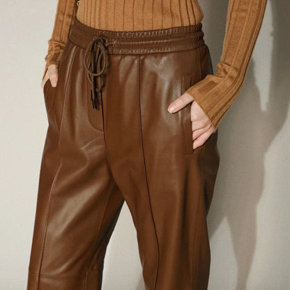 Leather Long Pants Women New Commuter Elastic Waist Drawstring Slim Sheepskin Wide Leg Full Length Straight Cylinder Trousers