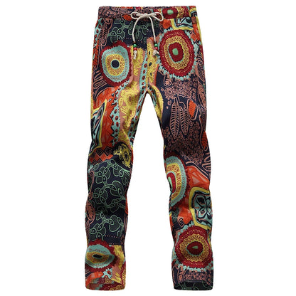 Summer New Cotton and Linen Pants Men's Printed Drawstring Ankle Length Pants Large Size S-6XL Male Slacks