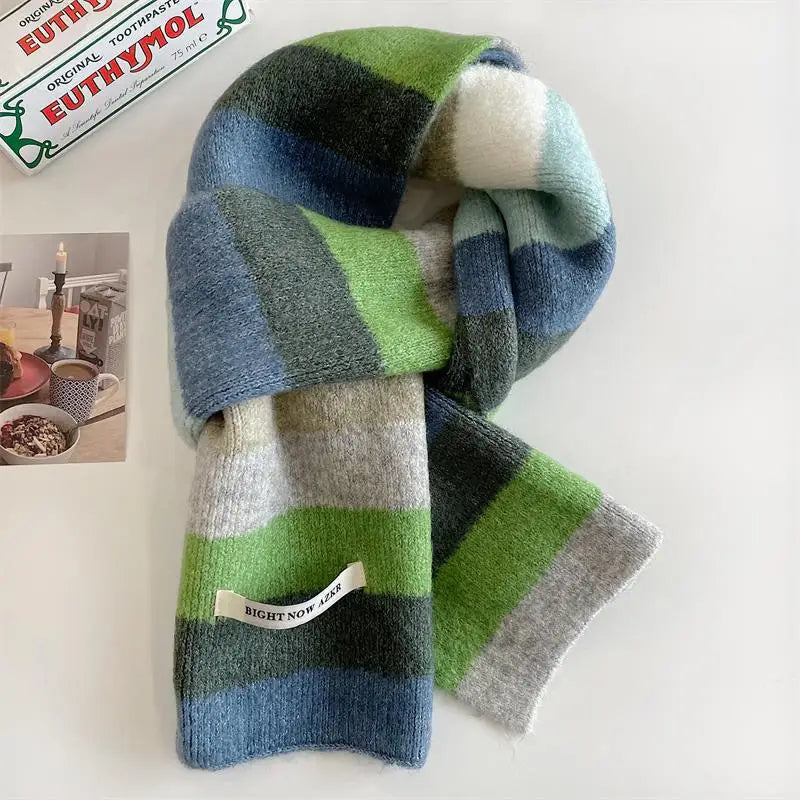 Rainbow Stripes Mohair Scarf Men And Women In Winter Colour Blocking Stripes Wool Short Scarf Students Warm Short Scarf