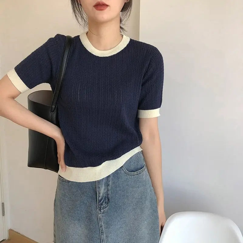 Panelled T-shirts Women Clothing Knitted Vintage Office Lady Simple Summer Work Wear Tender Elegant Fashion Minority Casual 2023