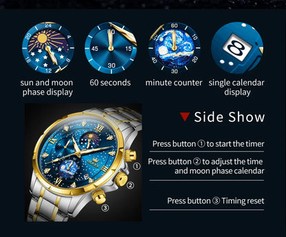 OLEVS 9807 New Man Watch Starry Sky Moon Phase Chronograph Waterproof Luminous Auto Date Hand Clock Luxury Quartz Watch for Men