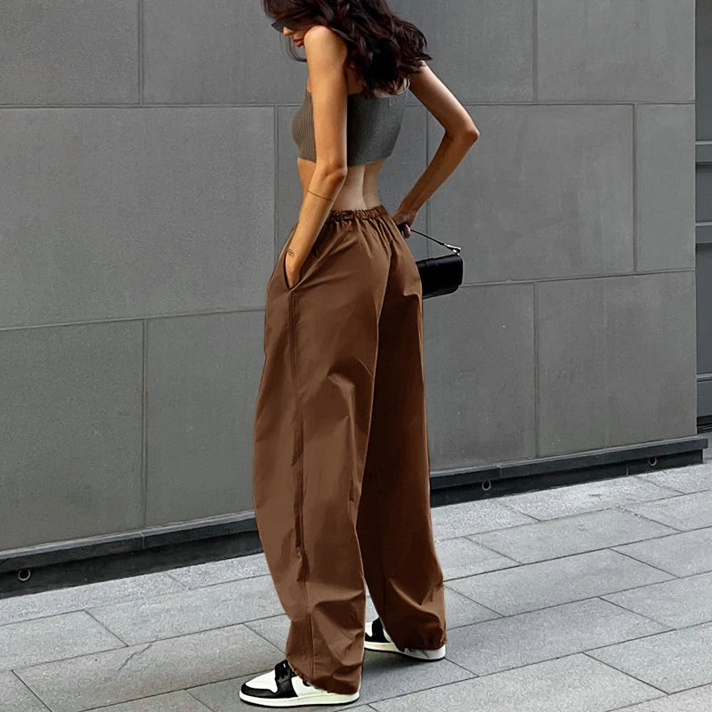 Women's casual European and American street fashion trend women's simple loose pants Drawstring waist casual work pants