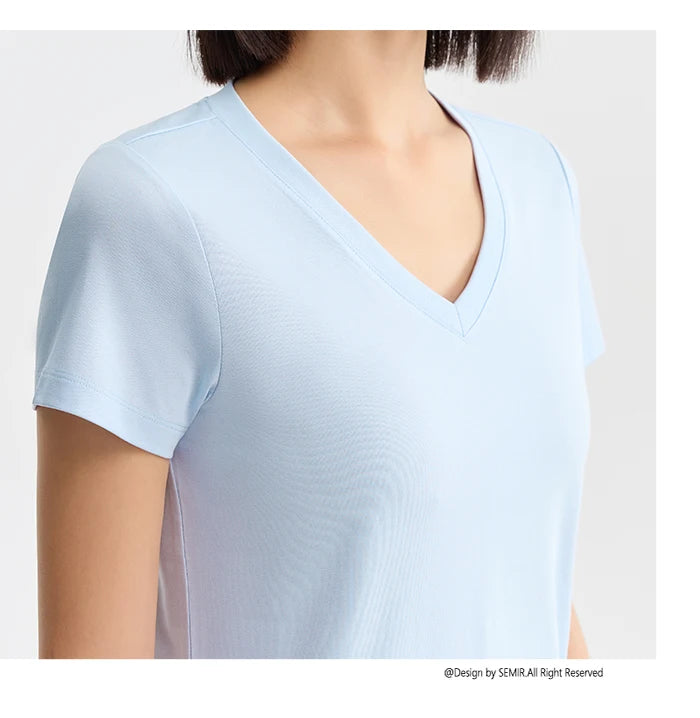 Semir Short Sleeve T-Shirt Women Slim V-Neck Positive Shoulder Simple 2024 New Antibacterial Summer Solid Colour Versatile T shi