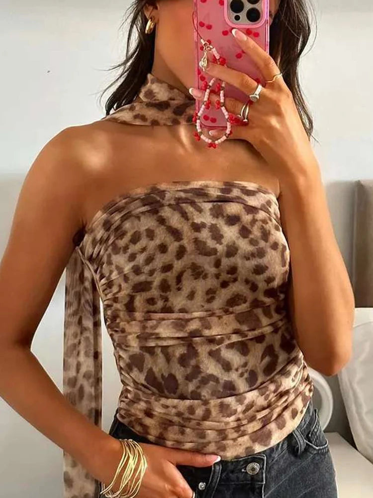 Ruched Leopard Print Tulle for Top Women Halter Sleeveless Off Shoulder Tops 2024 Summer Backless Lady Beach Chic Corset