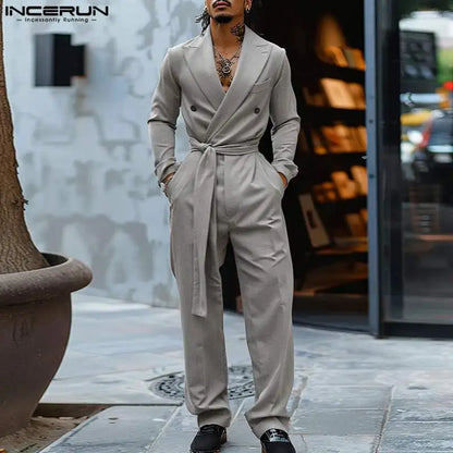 INCERUN 2024 American Style Fashion Jumpsuit Casual Men's Suit Neck Double Breasted Jumpsuits Long Sleeved Casual Rompers S-5XL