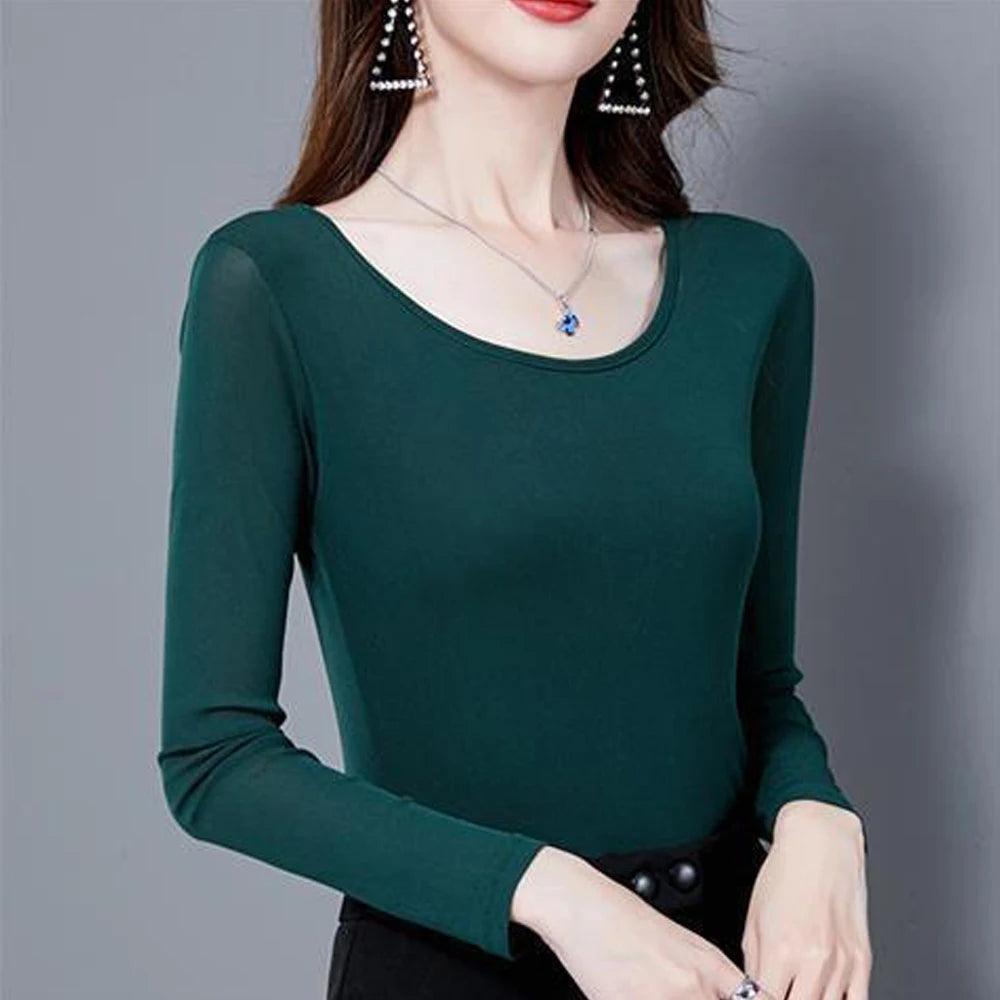 Women's New Mesh T Shirt S-4XL Basic O-neck Full Sleeve Shirt Women Slim Stretch Female Bottoming Blouses Green Ladies Tops