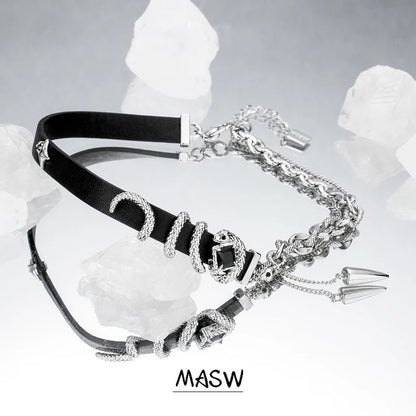 MASW Fashion Choker Necklace Original Design Cool Style Thick Plated Silver Color Chain Black Suede Necklace For Women Jewelry