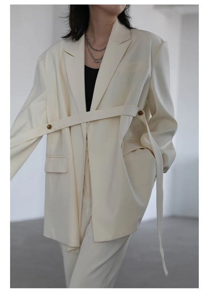 CHIC VEN Women Blazer Design Wide Shoulder Ribbon Solid Women's Medium Long Coat Office Lady Female Overcoat Spring Autumn 2022