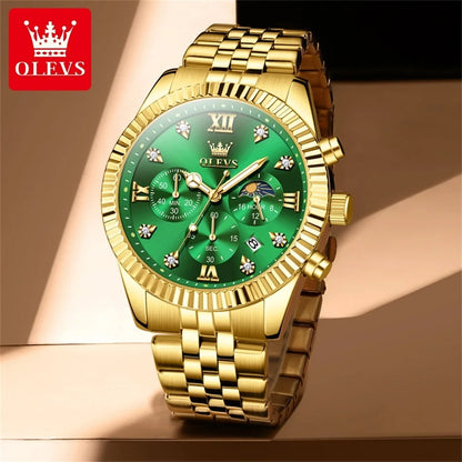 OLEVS High-end Original Replica Quartz Watches for Men Luxury Golden Stainless Steel Chronograph Moon Phase Waterproof Man Watch