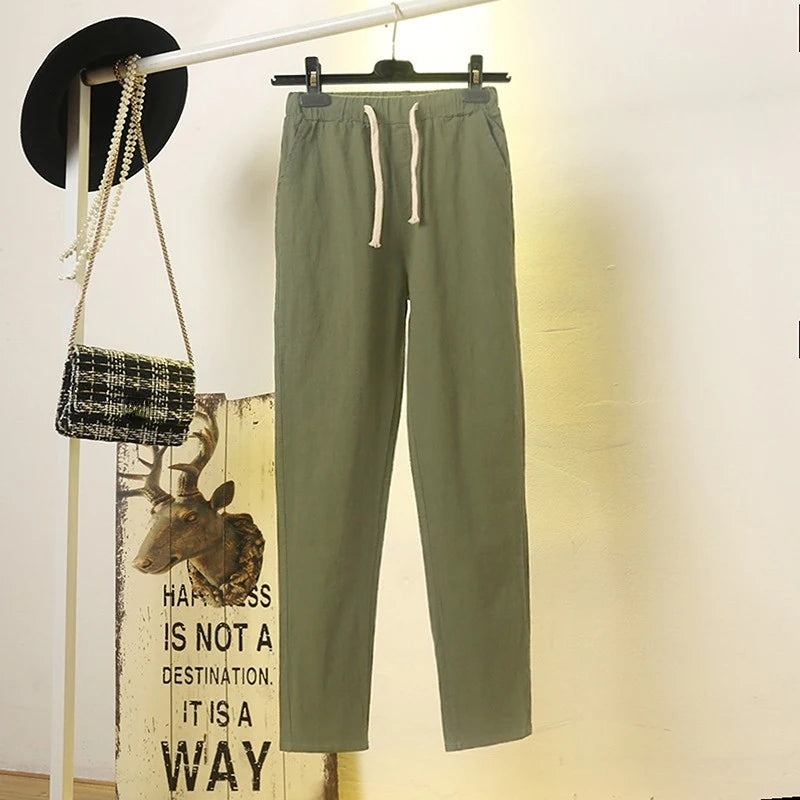 2023 Cotton Linen Women Pants Spring Summer Green Harem Pants Solid Elastic Waist Harem Trousers Soft High Quality Women's Pants