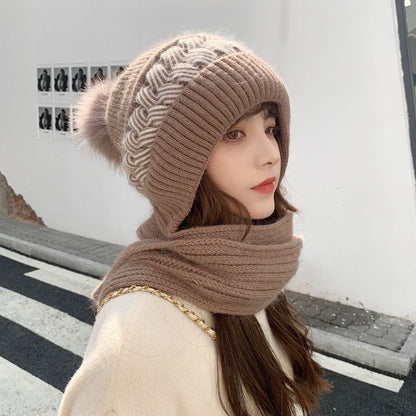 8PCS Hat Scarf All-in-one Female Winter Warm Rabbit Hair Knitted Cap Cycling Ear Protection Padded Cute Cold-proof Neck Cap