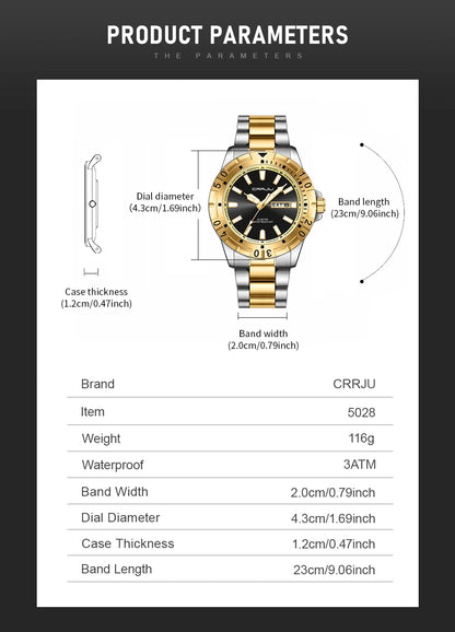 CRRJU Men's Watch,Classic Watches for Men, Waterproof Stainless Steel Roman Numbers Men's Watch Easy to Read Gold watch