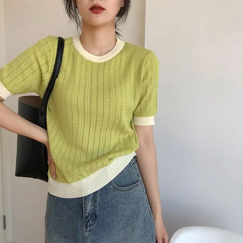 Panelled T-shirts Women Clothing Knitted Vintage Office Lady Simple Summer Work Wear Tender Elegant Fashion Minority Casual 2023