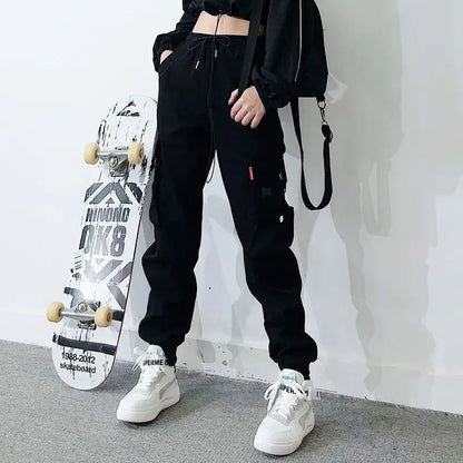 Y2K Black Cargo Pants for Women Hip Hop Big Pocket Joggers Sports Sweatpants Female Fashion Streetwear Casual Ankle Banded Pants