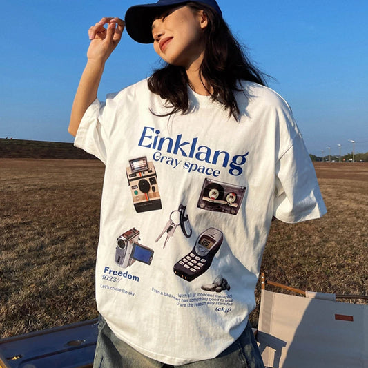 Women 90s Retro Fashion Graphic Tee Cotton Vintage Y2k Aesthetic Top Oversized Harajuku Streetwear T Shirt Unisex Grunge Clothes