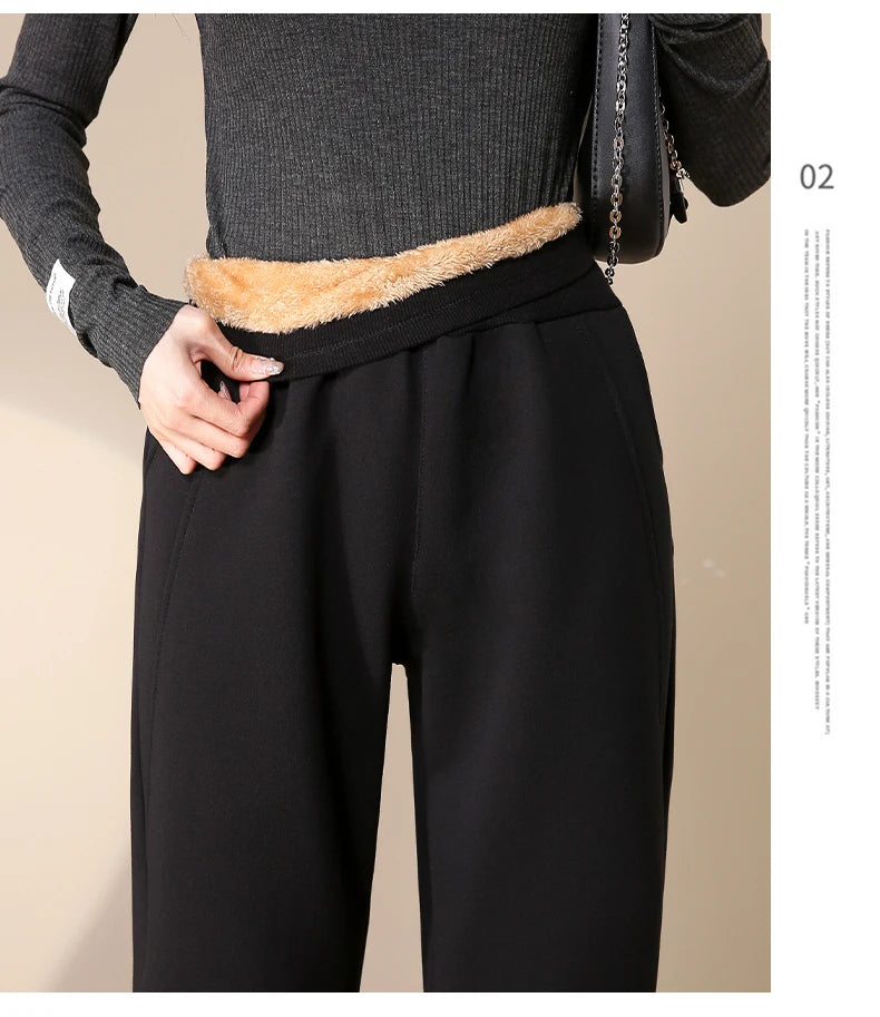 Women Pants Warm Winter Thick Lambskin Cashmere Pants High Waist Black Harem Long Trousers Wool Cold Resistant Pants PELEDRESSS