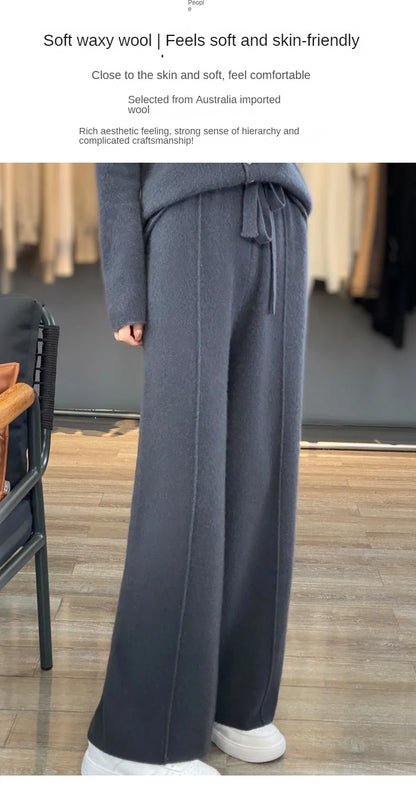 2023 autumn and winter new high-waisted wool mopping pants women's casual wide-leg pants hang out knitted woolen pants