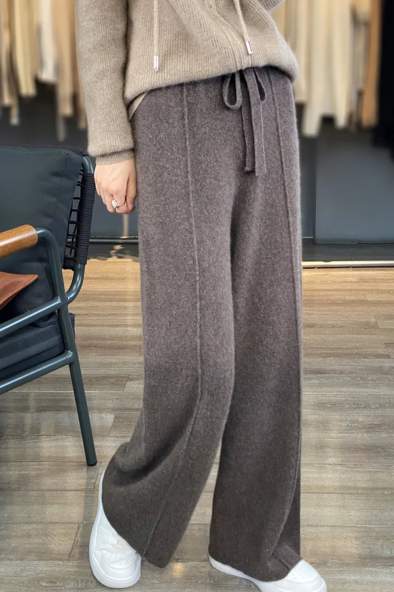 2023 autumn and winter new high-waisted wool mopping pants women's casual wide-leg pants hang out knitted woolen pants