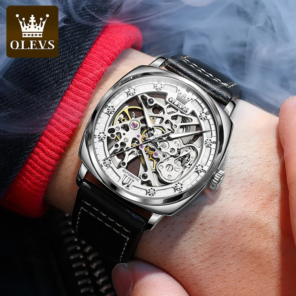 OLEVS 6651 Original Men's Automatic Watches Fashion Casual Tonneau PUNK Style Hollow Out Mechanical Writwatch Luxury Man Watch