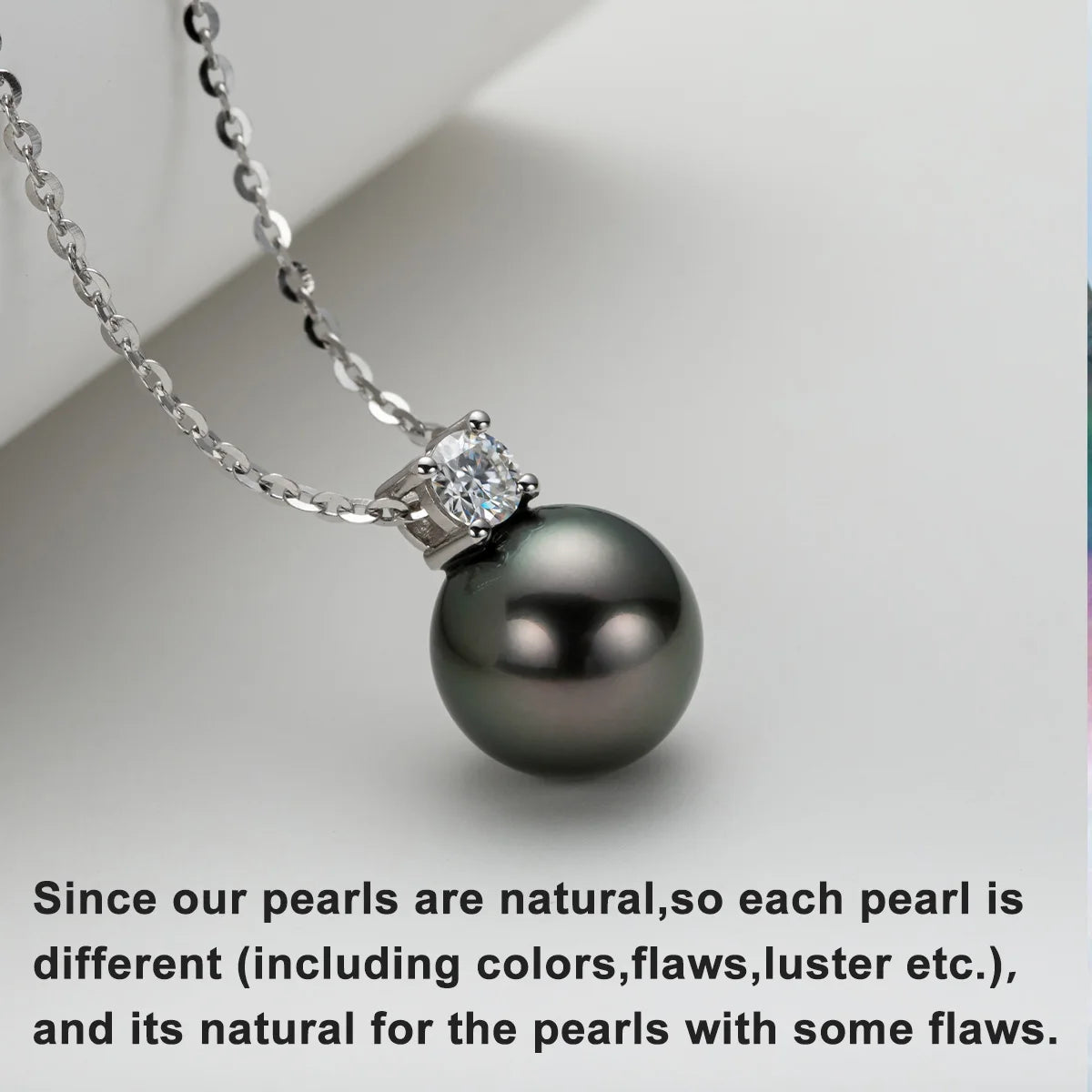 AnuJewel 9-10mm Natural Tahitian Black Pearl 0.3ct Moissanite Diamond Necklace 925 Sterling Silver Necklace Forman