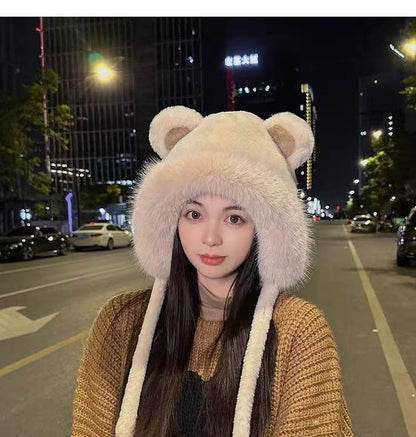 Winter Bear Plush Hat Outdoor Cycling Ear Protection Hat Thickened Warm Hat Casual Fleece Girls Hat Women's Warmth Essentials