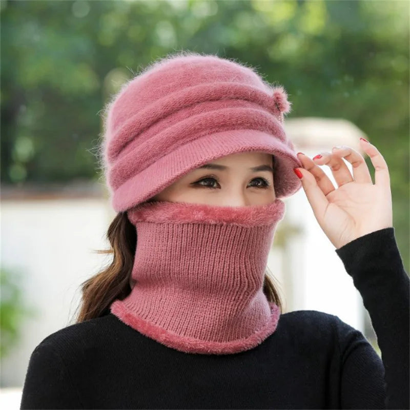 Women Winter Hat Keep Warm Cap Add Fur Lined CAPS And Scarf Set Warm For Female Casual Rabbit Fur Winter Knitted Bonnet