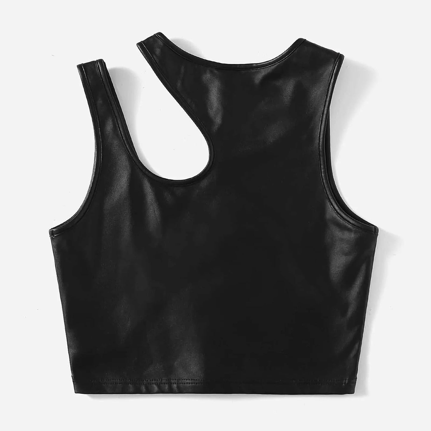 Women's Black Tops Asymmetrical Hollow Out Camisoles PU Leather Bare Midriff Cropped Tops Mujer Slim Fit Streetwear Vest