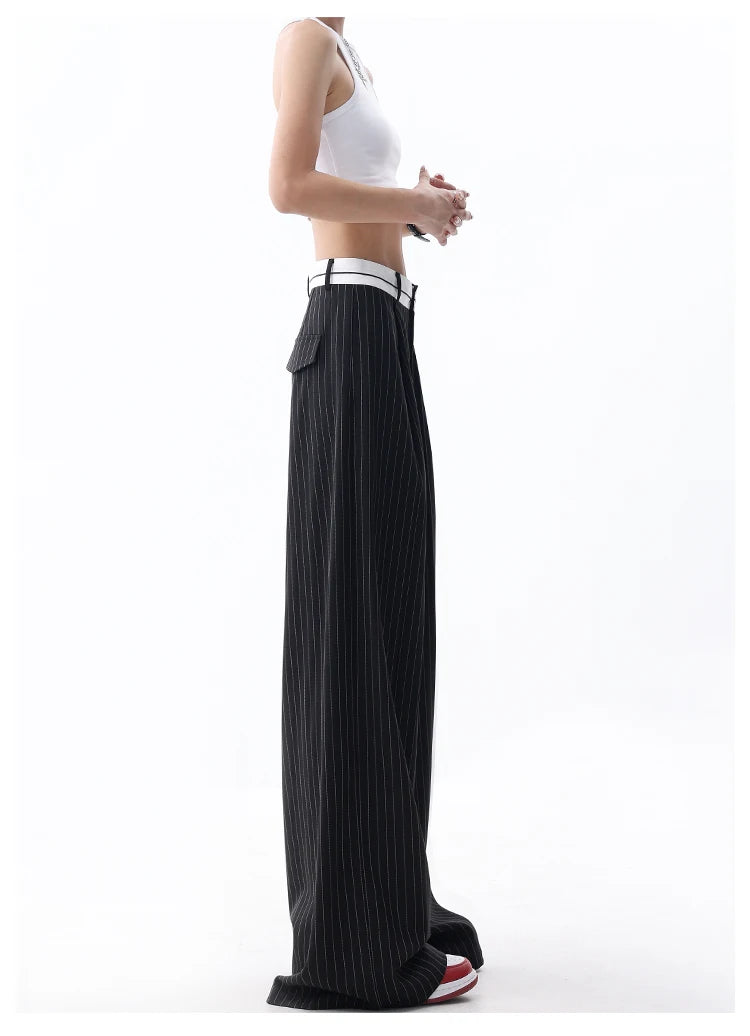 Korean Fashion Women Old Money Style Baggy Long Trousers Striped Vintage Irregular Design Loose Casual Pants 2000s Aesthetic New