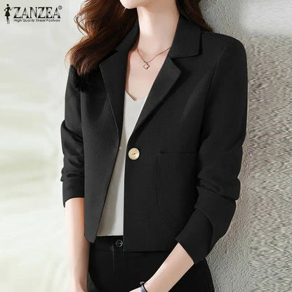 ZANZEA Stylish Women OL Work Blazer Autumn Elegant Office Lady Suits Blazer Casual Solid Crop Top Lapel Neck Long Sleeve Outwear