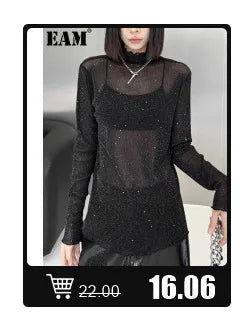 [EAM] Women Black Organza Ruffles Big Size Blazer New Lapel Long Sleeve Loose Fit Jacket Fashion Spring Autumn 2024 1DE392101