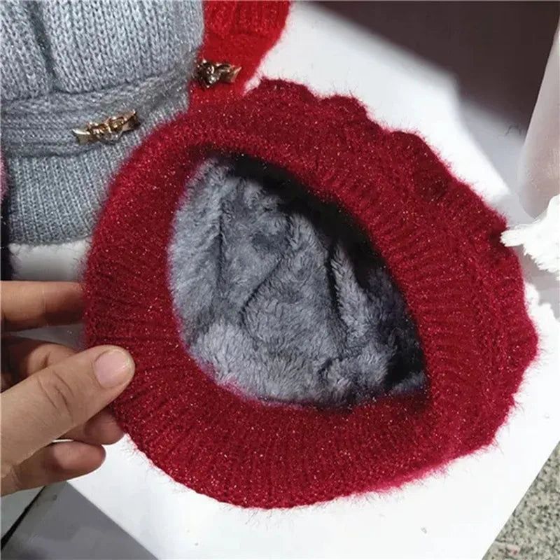 Knitted Hat Women Warm Winter Hats For Women Ladies Beanie Girls Skullies Femme SnapBack Warm Plush Hat Sombrero Mujer Scarf Set