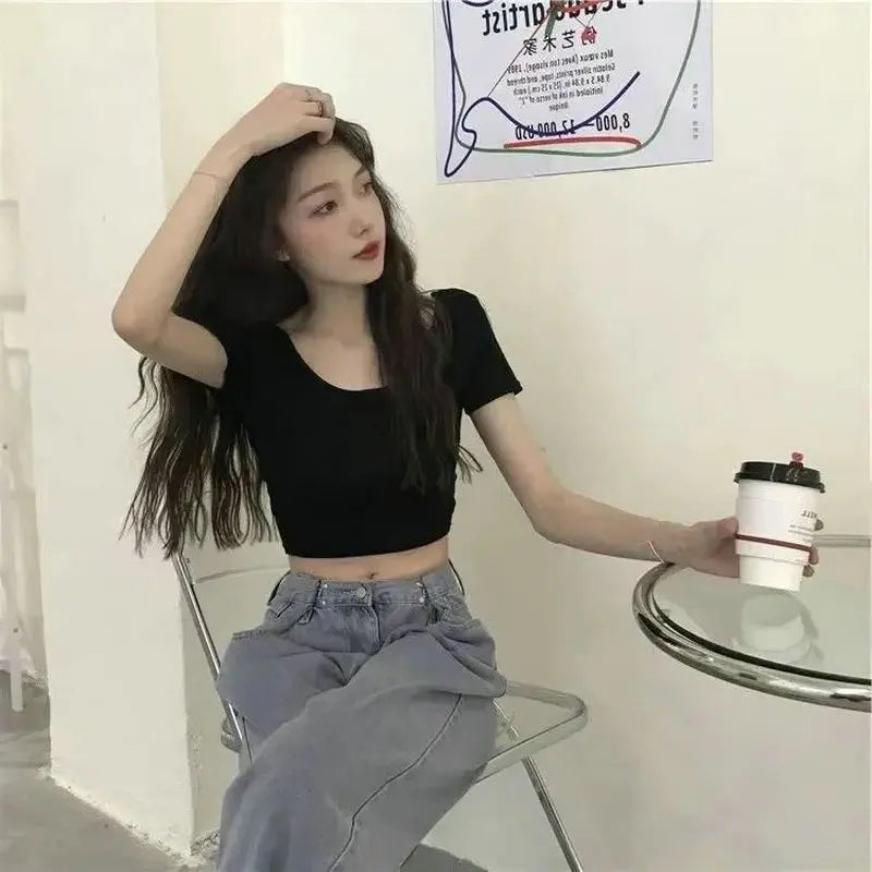 Korean Y2K Fashion Backless T-shirt Women Bandage Crop Top Woman Skinny Summer 90S Vintage INS Tshirts Black Kpop Clothes