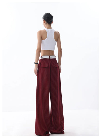 Korean Fashion Women Old Money Style Baggy Long Trousers Striped Vintage Irregular Design Loose Casual Pants 2000s Aesthetic New