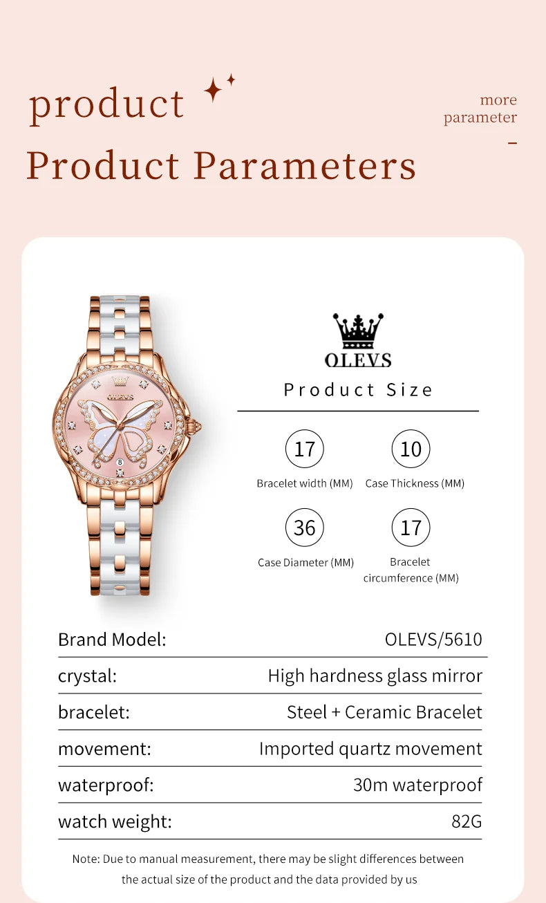 OLEVS 5610 Women's Watches Diamond Butterfly Design Dial Ceramic Strap Waterproof New Fashion Young Girl's Watches Set Gift