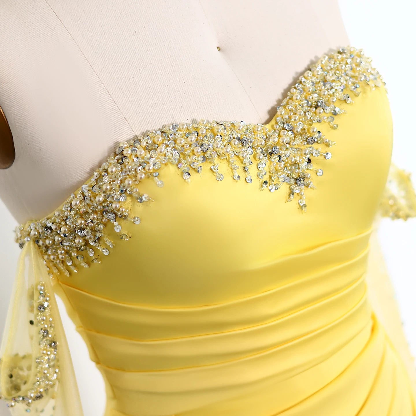 Sharon Said Elegant Sweetheart Yellow Satin Evening Dress with Gloves Beaded Pearls Women Wedding Party Gowns SS586 Customized