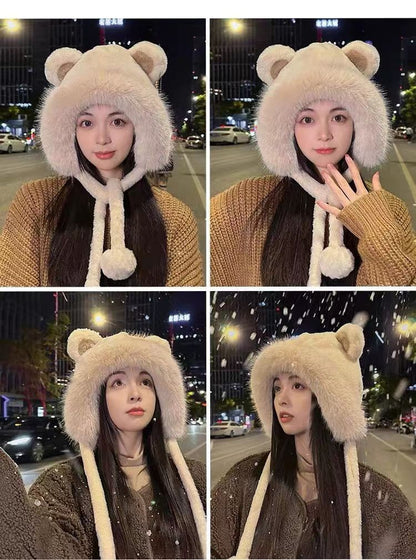 Winter Bear Plush Hat Outdoor Cycling Ear Protection Hat Thickened Warm Hat Casual Fleece Girls Hat Women's Warmth Essentials