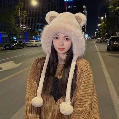 Winter Bear Plush Hat Outdoor Cycling Ear Protection Hat Thickened Warm Hat Casual Fleece Girls Hat Women's Warmth Essentials