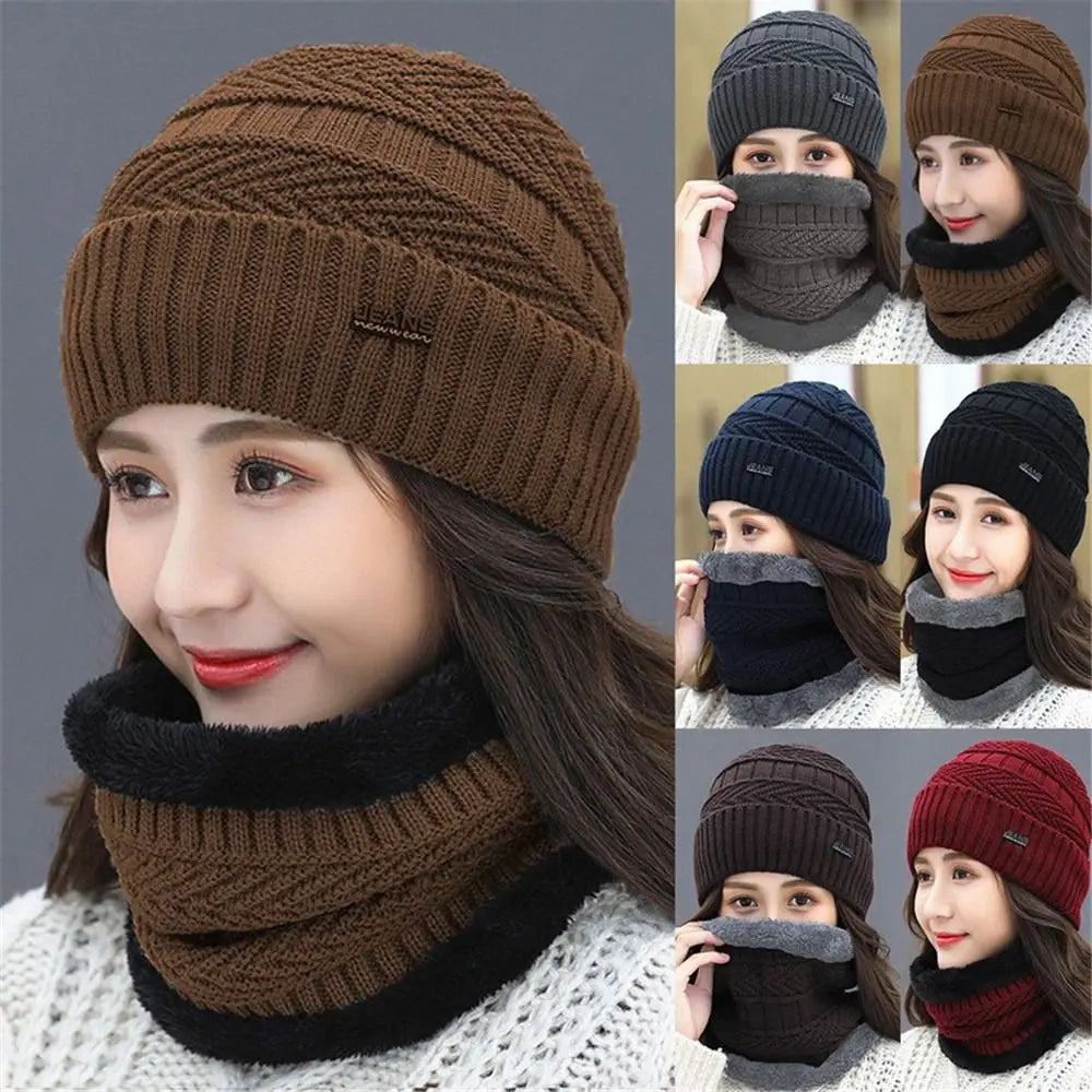 Two-Piece Set Fashion Women Knitted Hat Scarf Caps Neck Warmer Winter Hats For Men Women Skullies Beanies Warm Fleece Cap