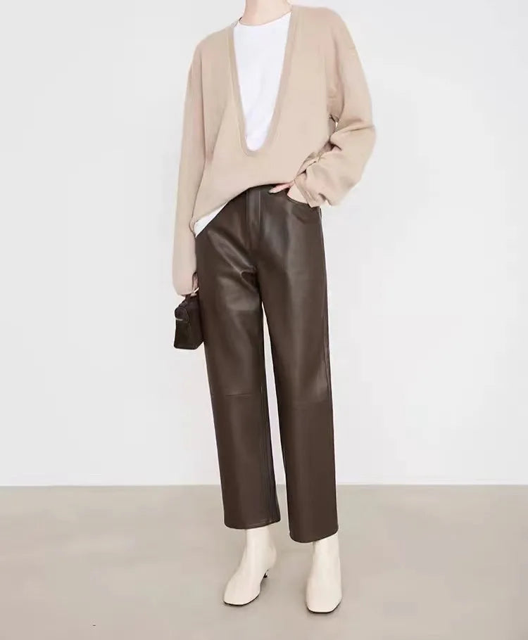 100% Leather Pants Women Autumn Winter Fashion Sheepskin High Waist  Slim French Baguette Pants Casual Straight Cropped Trousers